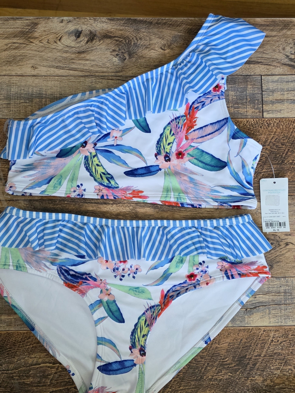 NWT Outdoor Oasis Tropical One-Shoulder Ruffle Bikini Set - Girls XL (16)